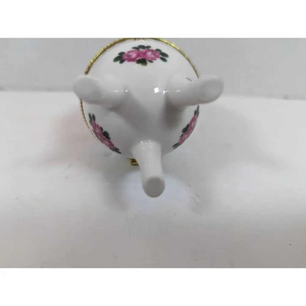 Egg-Shaped White with Flower and Gold Accents Ceramic Footed Trinket Box Vintage